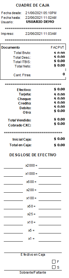 Impresión del cuadre de caja generado por LogicERP v3, en formato de tirilla para impresora de punto de venta.